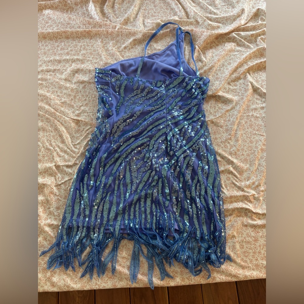 Elegant Asymmetrical Blue Sequin Dress - Picture 2 of 4